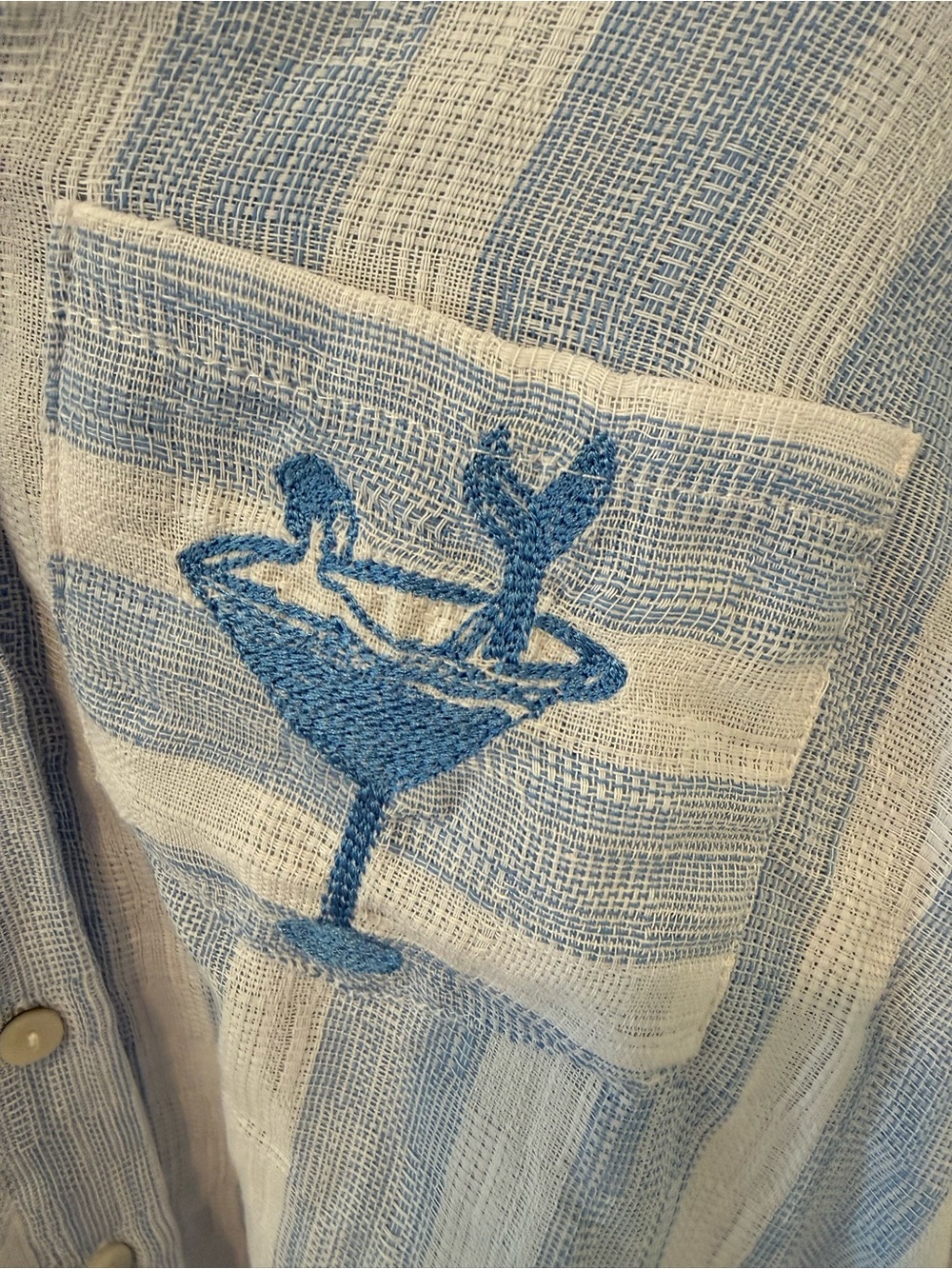 Blue & White Striped Button-Down Shirt with Pocket Embroidery - Picture 2 of 6